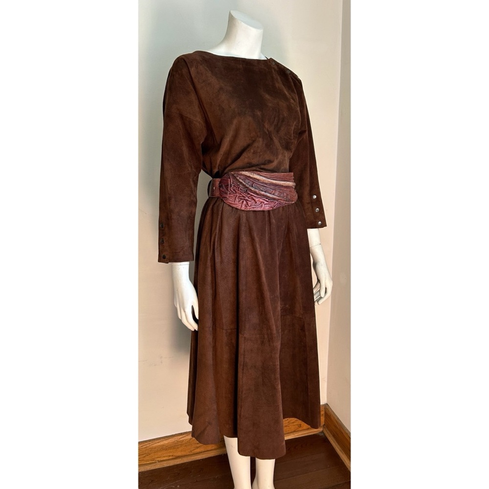 Vintage 80s Genuine Suede Skirt Set Dolman Sleeves Snaps Top Midi Skirt S